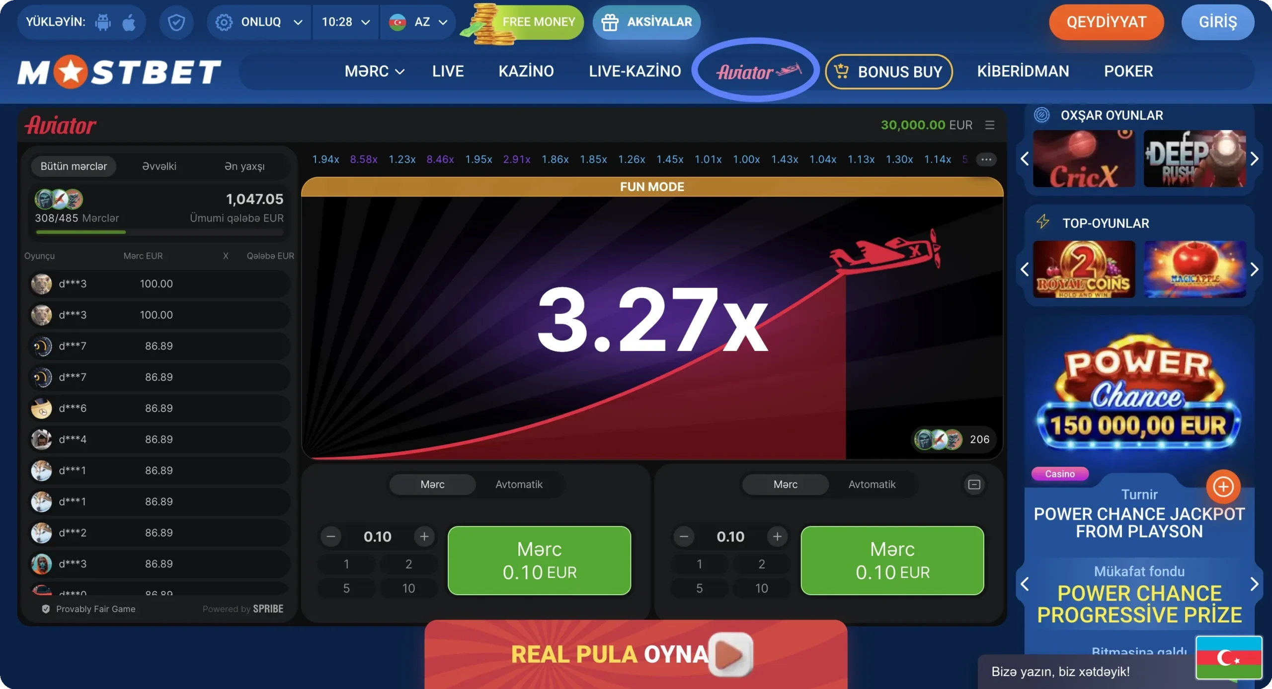 Mostbet AZ Aviator oyun ekranı