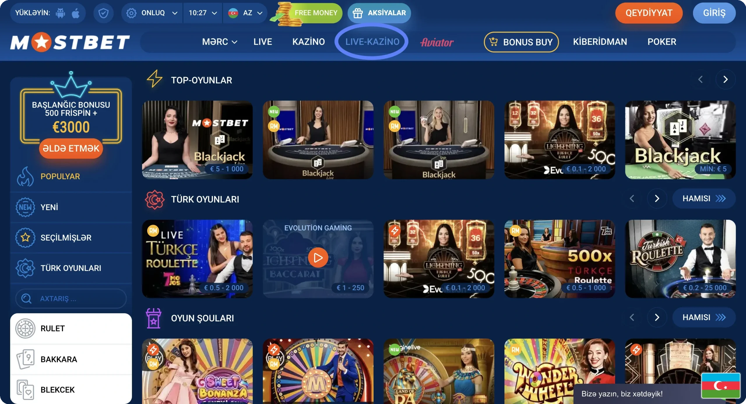 Mostbet AZ canlı kazino lobbi görünüşü