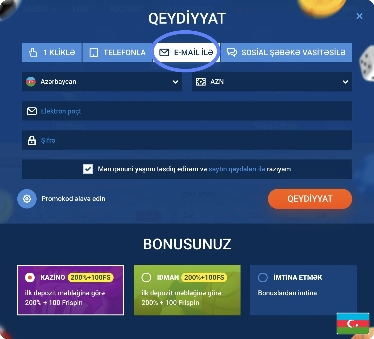 Mostbet AZ email ilə qeydiyyat forması