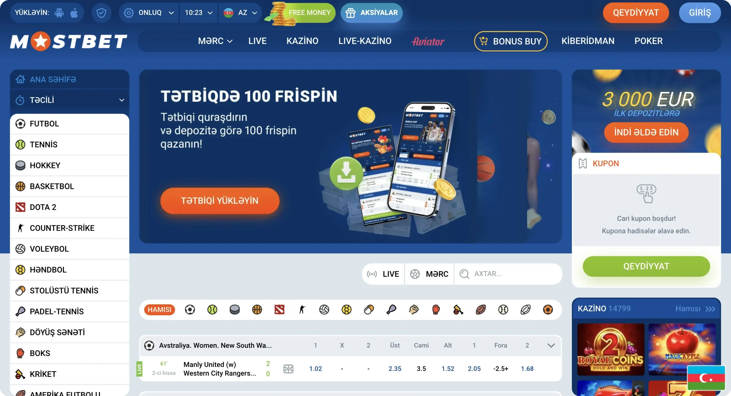 Mostbet AZ əsas səhifə idman paneli