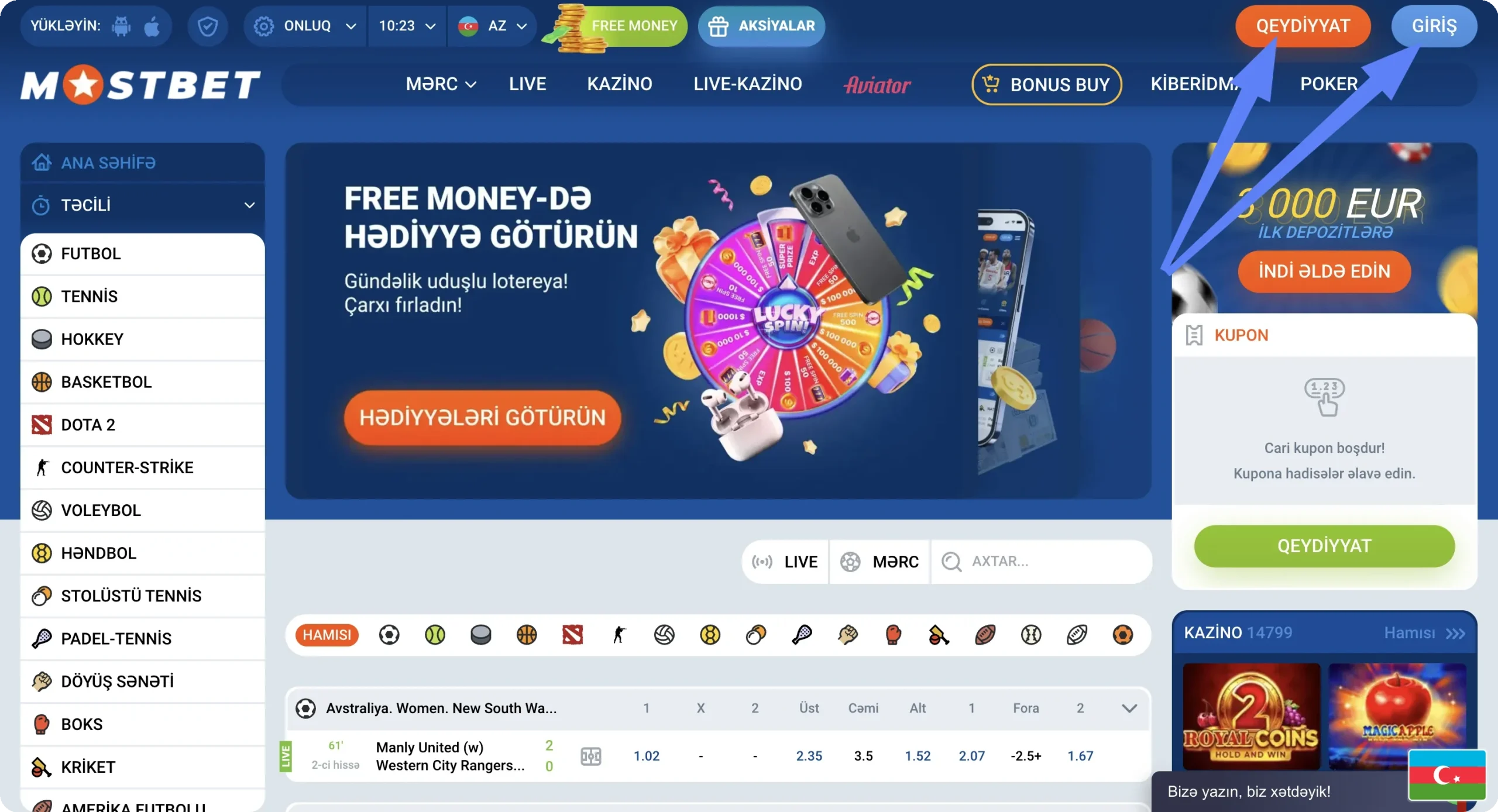 Mostbet AZ giriş və qeydiyyat düymələri
