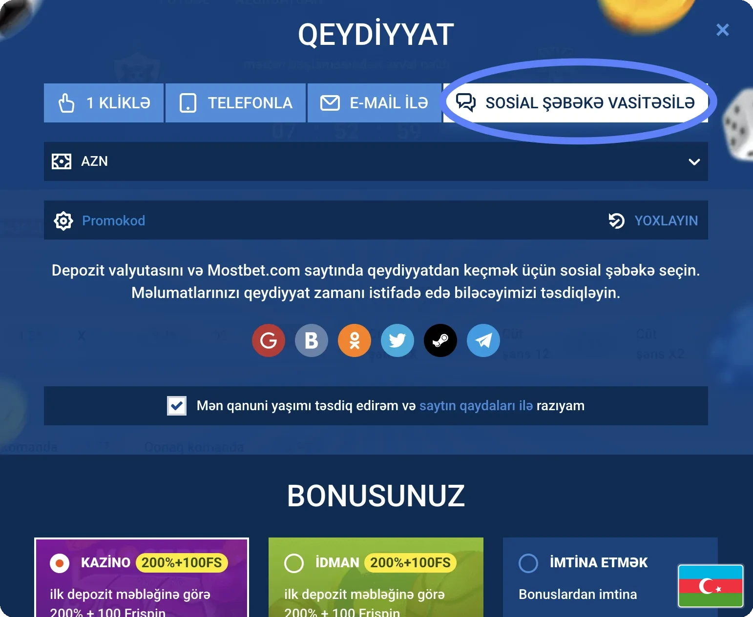 Mostbet AZ sosial şəbəkə ilə qeydiyyat forması