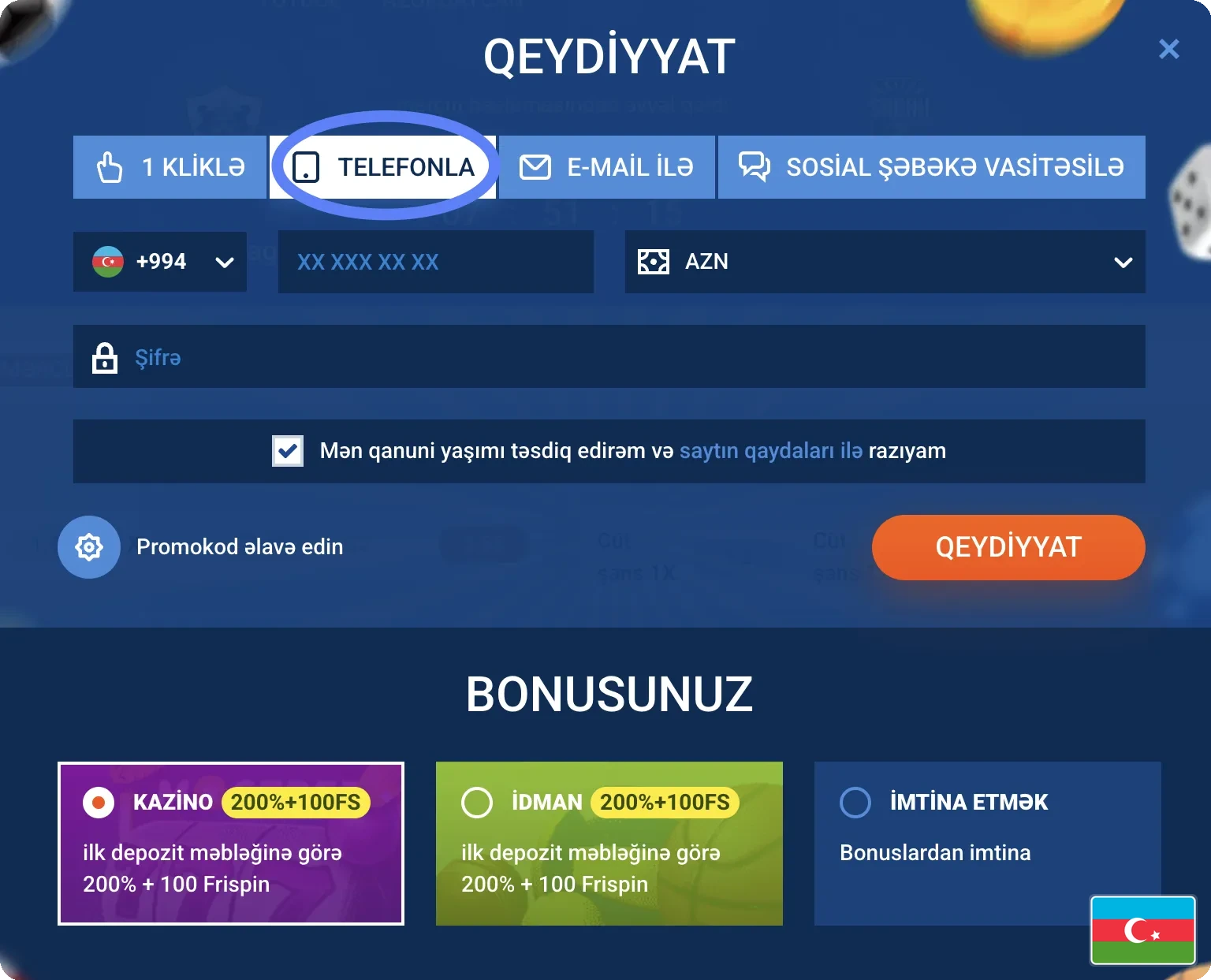 Mostbet AZ telefonla qeydiyyat forması